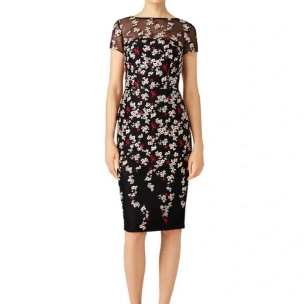 NWT David Meister Falling Petal Floral Embroidered Sheath Mini Dress Black Multi